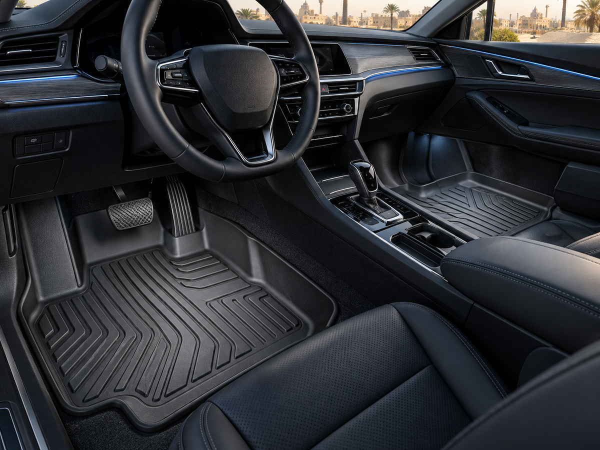 Illustrative floor liners in an unbranded car; collection artwork, not exact-fit product imagery