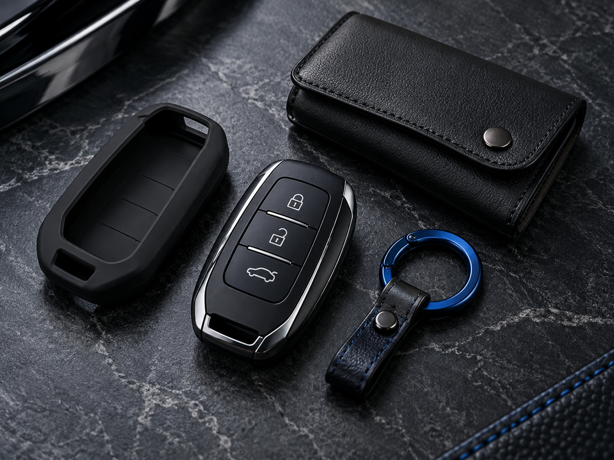 Illustrative generic car key accessories with no automaker branding; not exact product imagery