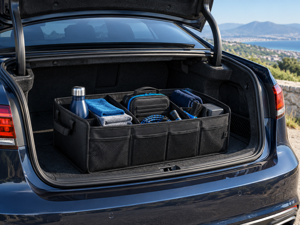 Illustrative trunk organizer in an unbranded car; collection artwork, not an exact product