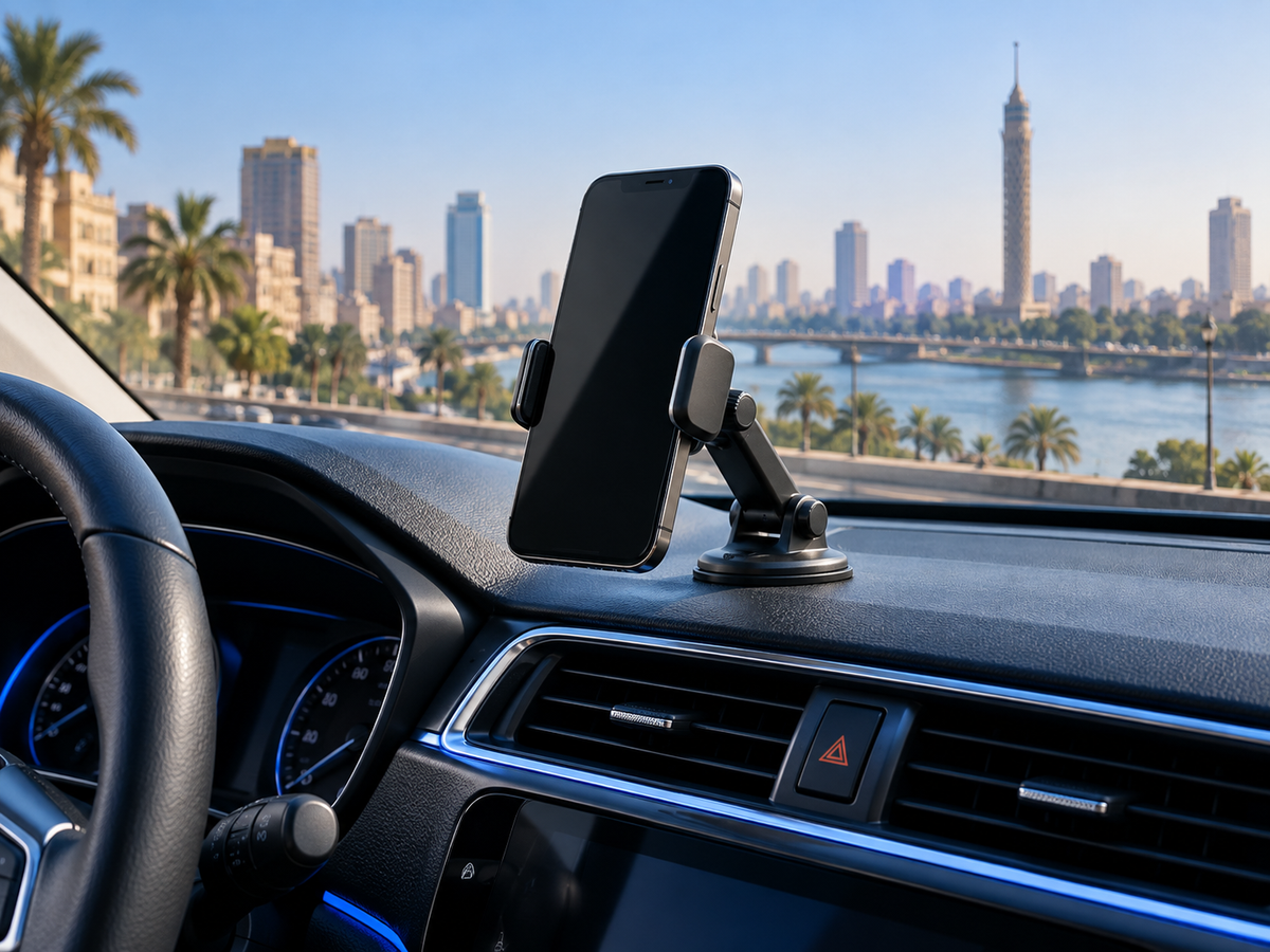 Illustrative phone mount installed in an unbranded car; collection artwork, not an exact product