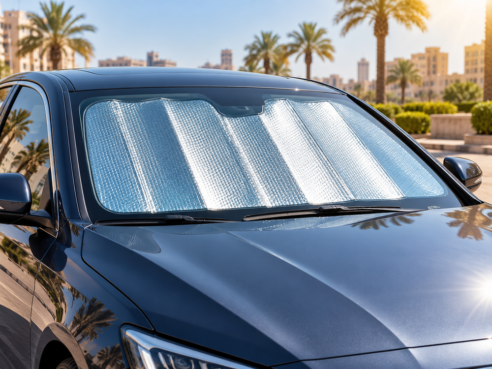 Illustrative windshield sunshade in an unbranded car; collection artwork, not an exact product