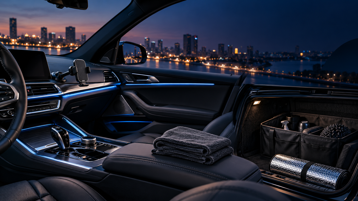 Illustrative premium car interior with generic phone mount, microfiber cloths, trunk organiser and sunshade; no specific product or vehicle fitment implied